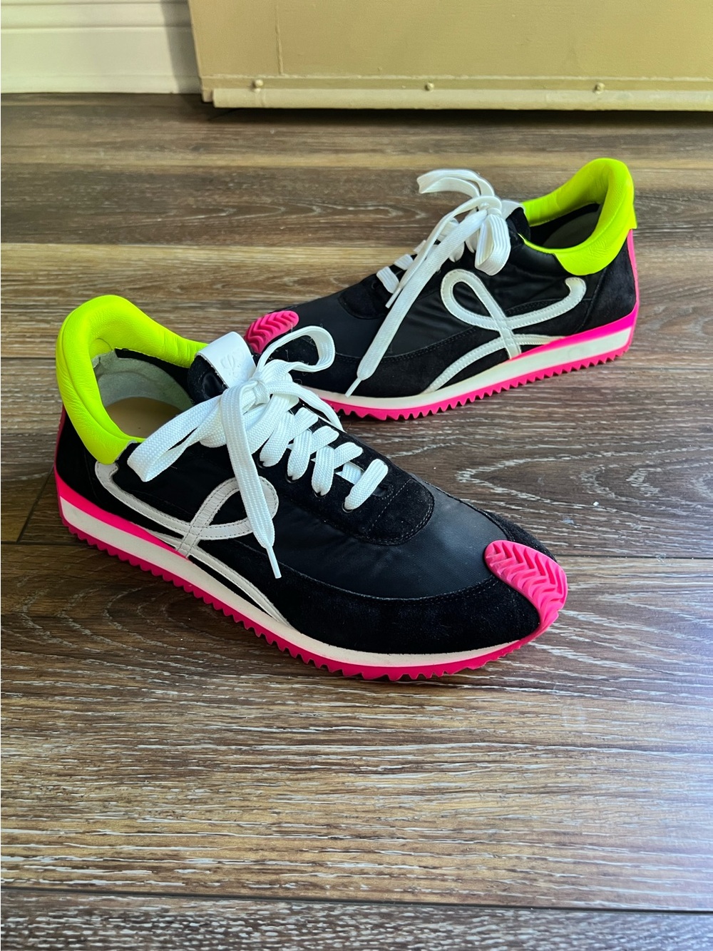 Loewe Flow Runner Sneakers Black Neon Pink Nylon Suede Leather EU 41 US 10